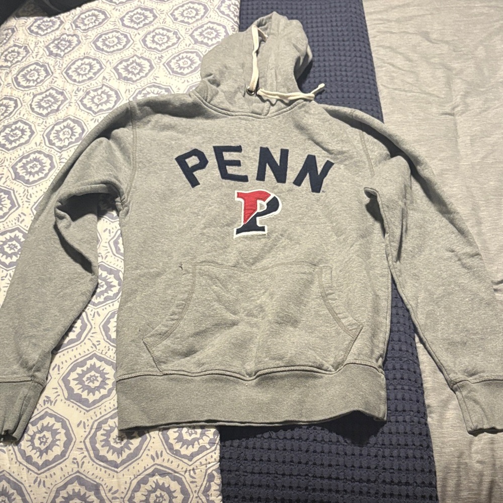 League Gray Pullover Hoodie with Navy Penn Lettering and Red Accent